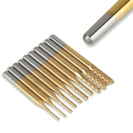 EEEKit 10Pcs  0.8mm, 1.0mm, 1.2mm, 1.5mm, 1.6mm, 1.8mm, 2.0mm, 2.4mm, 3.0mm, 3.175mm Titanium Coat Carbide End Mill Engraving Milling Cutter CNC Router Bits for PCB Machine, 1/8 inches (Best Router Bits For Cnc Machine)