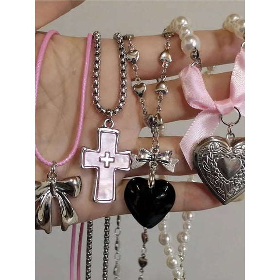 Pink Gothic Y2K Pendant Necklace Set With Cross Bow Heart Locket