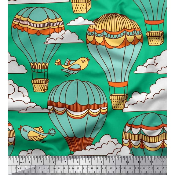 Soimoi Green Japan Crepe Satin Fabric Bird & Air Balloons Holiday Printed Craft Fabric by the Yard 42 Inch Wide