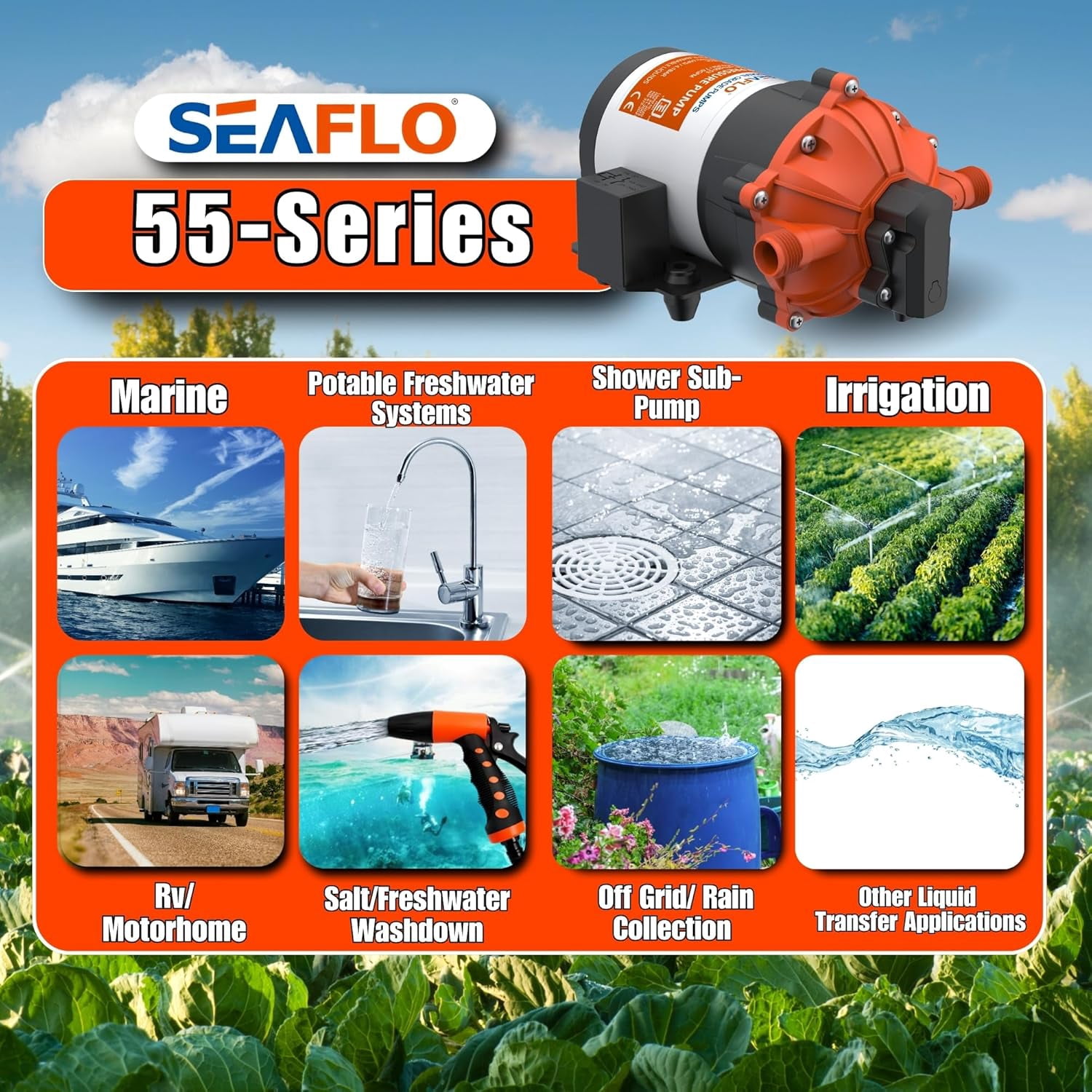 SEAFLO 53-Series DC Diaphragm Water Pump – 7.0 GPM, 60 PSI, 12V | Heavy-Duty, Self-Priming, Bypass with Pressure Switch, Continuous Duty, 4-Year Warranty