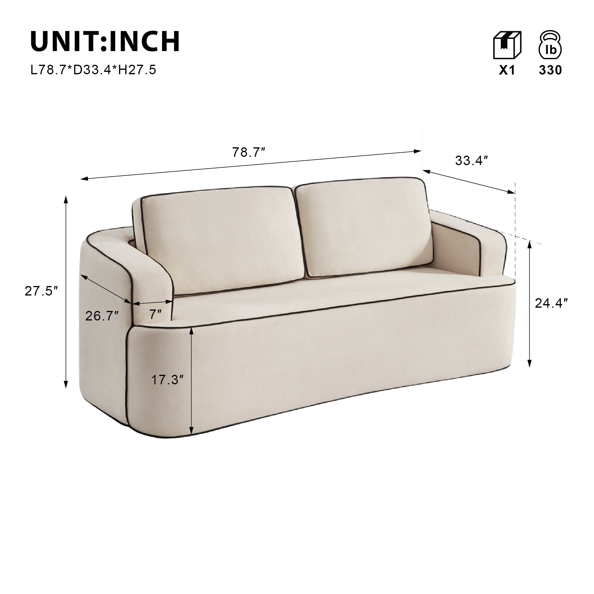 Loveseat Sofa with Integrated Armrest and Double Seat Layout, Space Saving Small Couch for Apartment and Bedroom, No-Tool Assembly, Alabaster