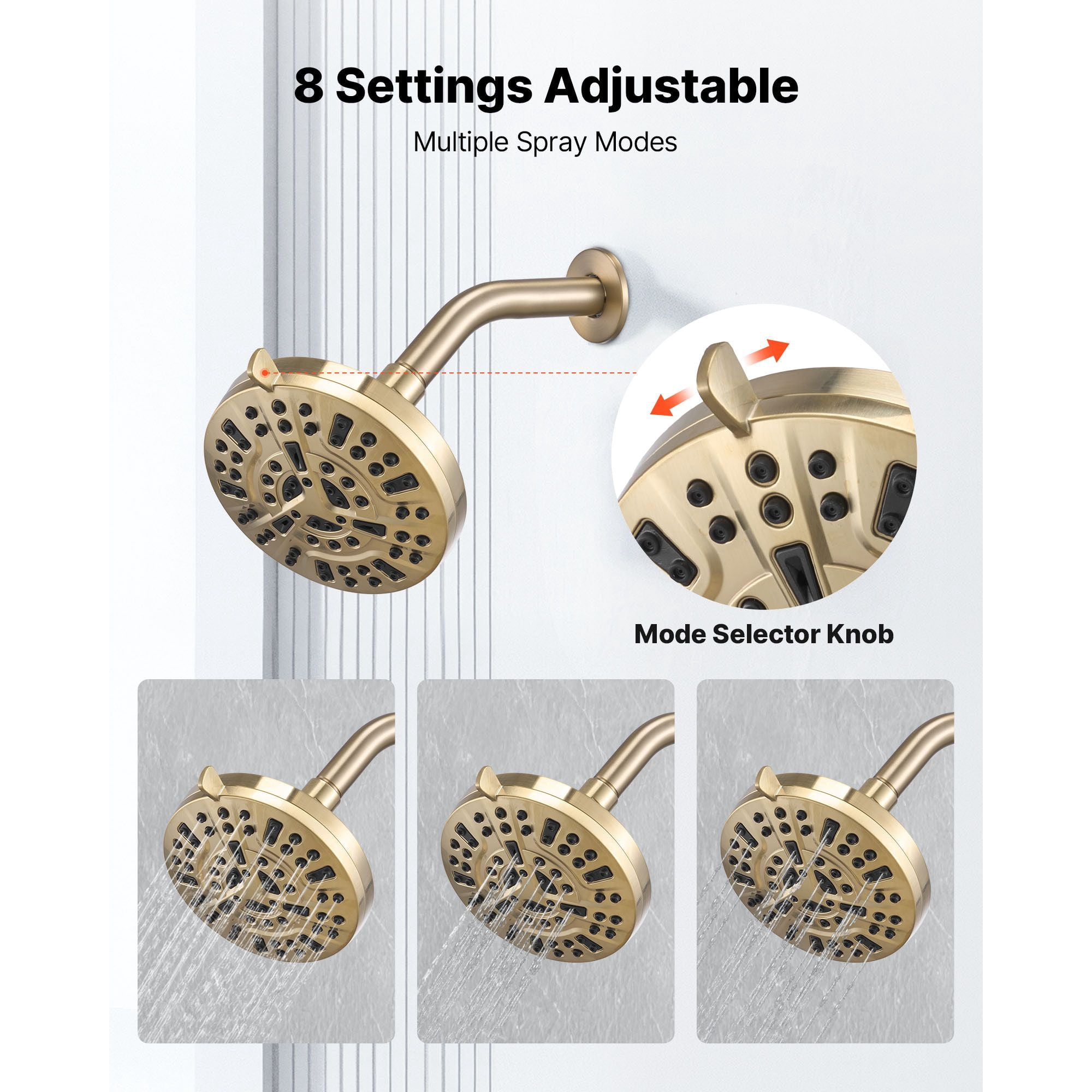 Tub and Shower Faucet Set 4-Piece Pressure Balancing Valve 8 Shower Modes Gold Finish for Bathroom