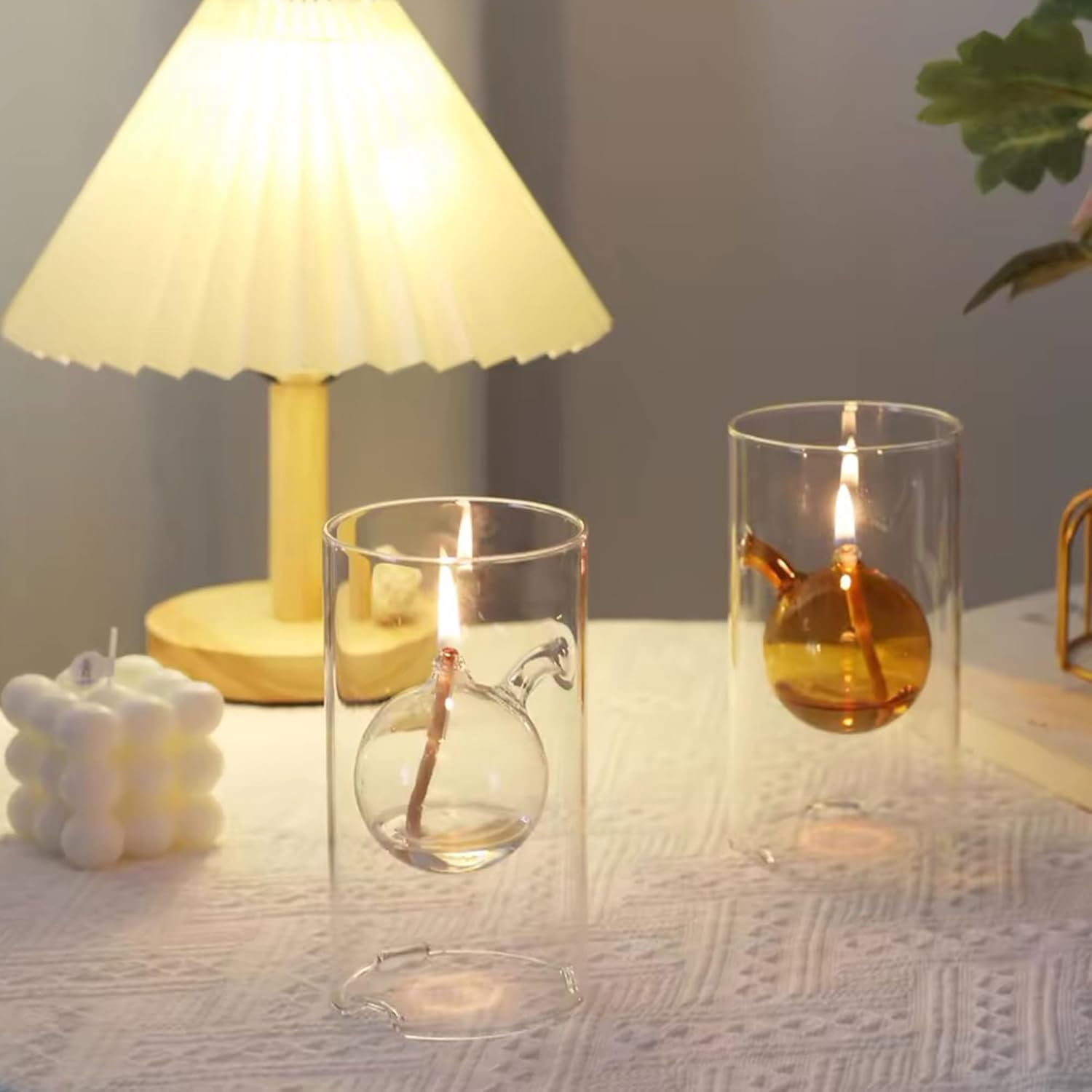 Refillable Liquid Petite Oil Lamp: Glass Oil Light Borosilicate Includes Bliss Suspended Hurricane Candle Holder Sleeve Lamp, Oil Candle Vessels for Table Centerpieces Decor (Clear)