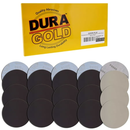 

Dura-Gold Premium 6 Wet or Dry Sanding Disc Variety Pack Box - 600 1000 1500 2000 & 3000 Grit (4 Discs Each 20 Total) - Sandpaper Discs Hook & Loop Backing Color Sanding Sander Car Polishing