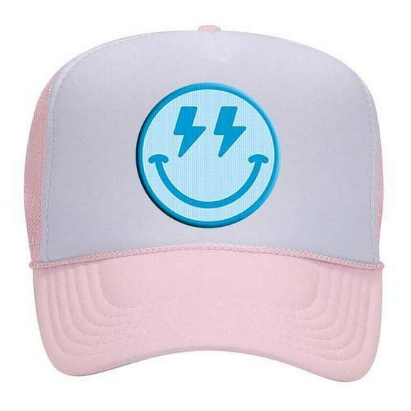 Blue Happy Face Lightning Eyes Smile Face Unisex Embroidered Foam Front Mesh Back Trucker Hat, White/Light Pink