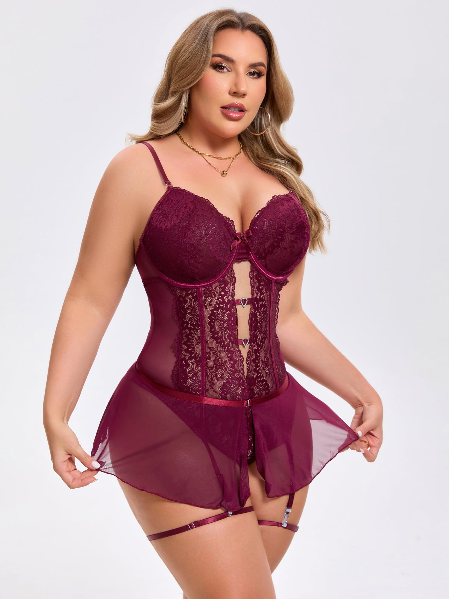 DARING DIVA Women's Cut Out Skirt Bodysuit Underwired Lingerie Set XL Wine Red