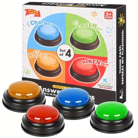 4 Pack Light Up Answer Buzzers with Fun Sounds - Ideal for Family Games, Classroom Quizzes & Group Activities