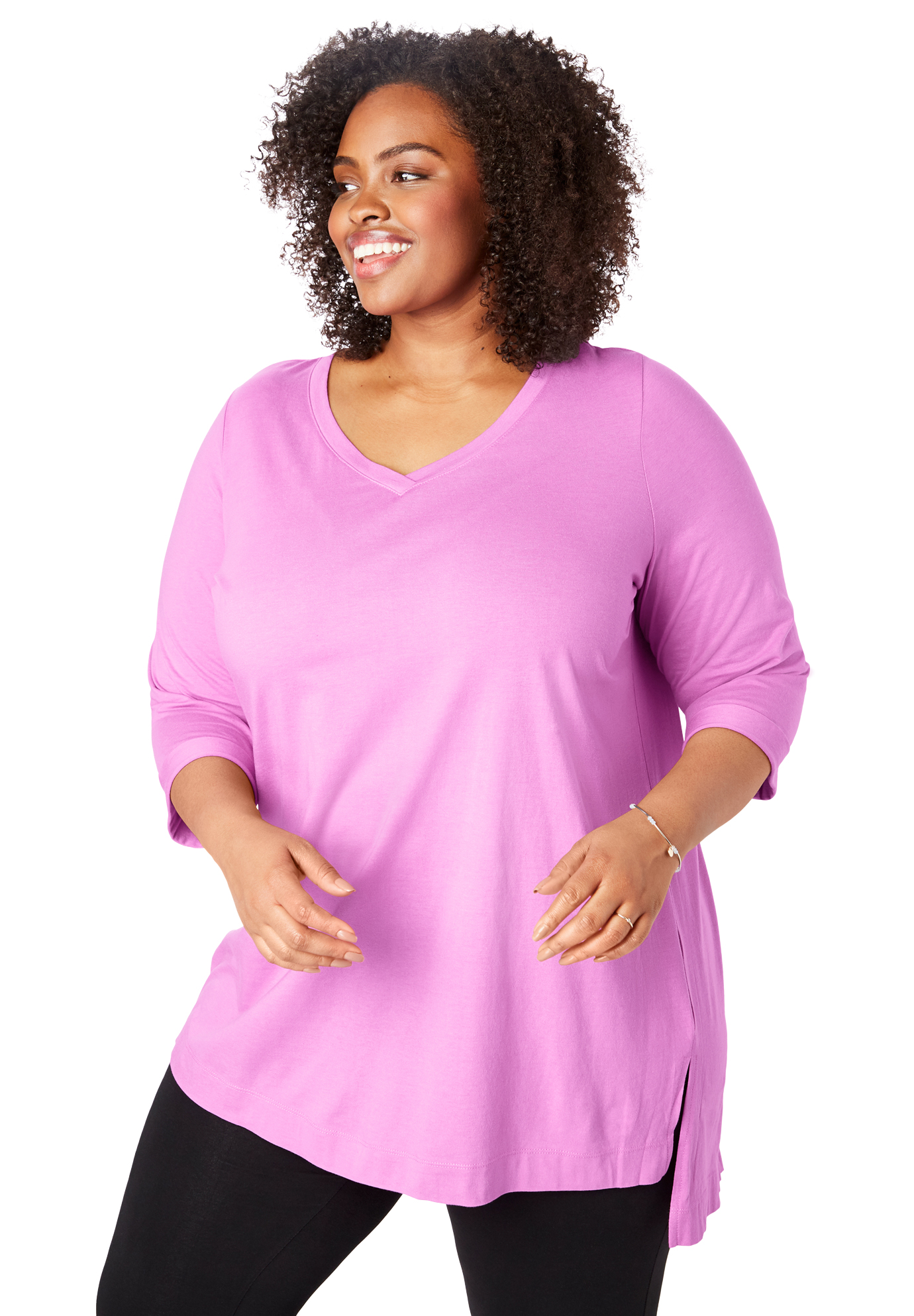 Woman Within Women S Plus Size Longer Length Three Quarter Sleeve V Neck Tunic 34 36 Rose Bud Pink Walmart Com