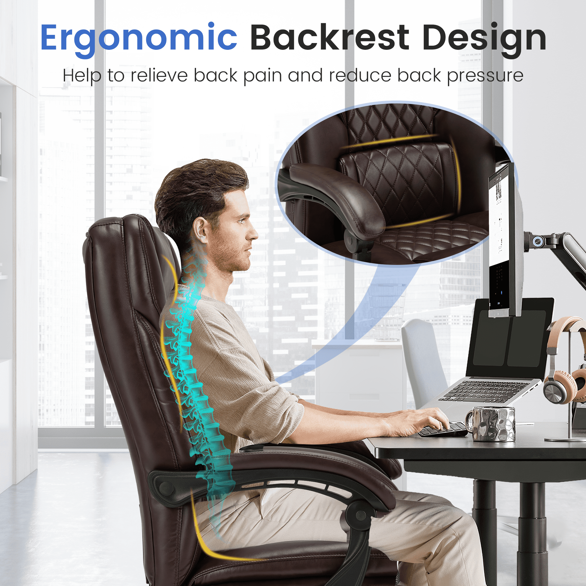 HOMREST Executive Office Chair, Ergonomic Office Chair with Lumbar Support, Office Chair Massager with Heating Function, Office Chair with Wheels and Pedals, Home Office Desk and Chair, Brown