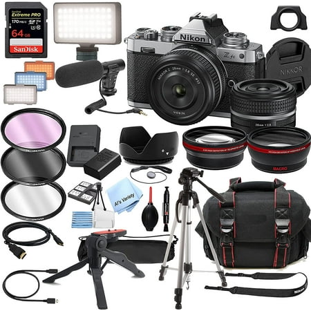 Nikon Zfc Mirrorless Camera with 28mm Lens + Shot-Gun Microphone + LED Always on Light+ 64GB Extreme Speed Card, Gripod, Case,Filters and More 32pc Video Bundle