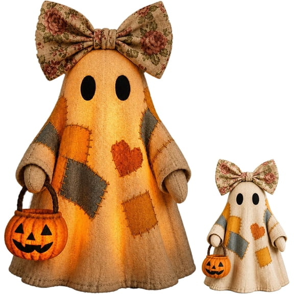 Lighted Vintage Patchwork Ghost Halloween Decor LED Rustic Farmhouse Ghost Tabletop Figurine Warm Glow Cute Spooky Fall Mantel Shelf Centerpiece for Home Office Party Decor (Patchwork)