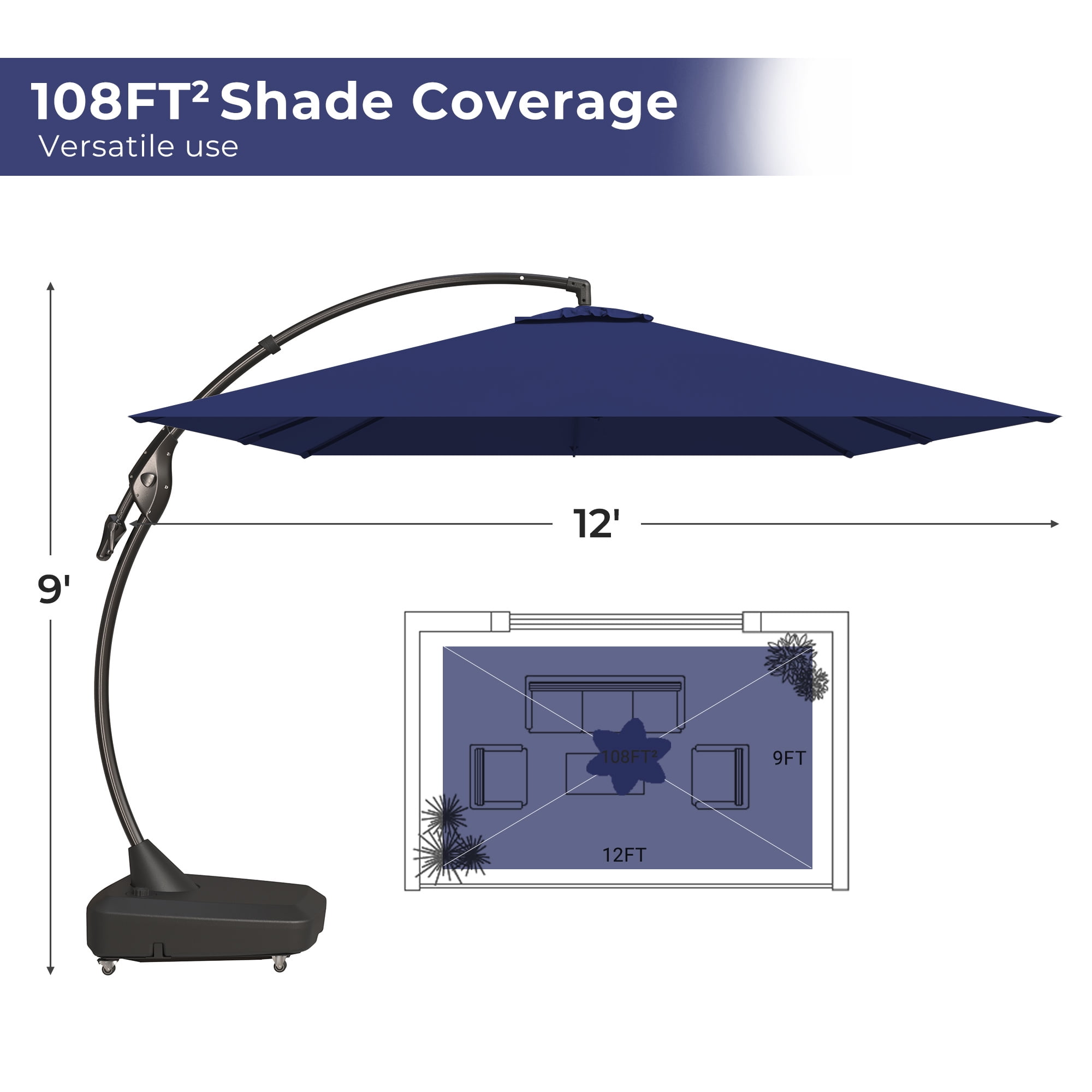 GRANDPATIO Patio Umbrellas  9x12 FT Rectangular Offset Umbrella, Large Patio Cantilever Umbrella with Base Aluminum Outdoor Umbrella for Garden Poolside, Navy Blue