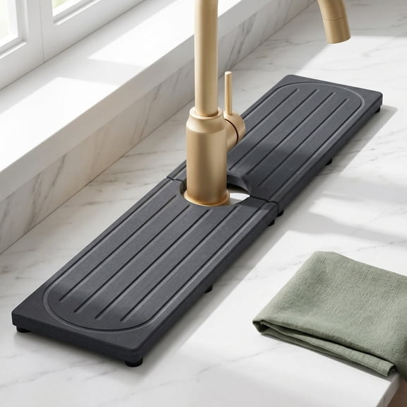 Fast-Drying Diatomite Stone Faucet Mat: Water Absorbent Kitchen Sink Tray with Raised Feet, Splash Guard for Faucet, Prevents Moisture Buildup - Durable Protector for Bathroom Counter