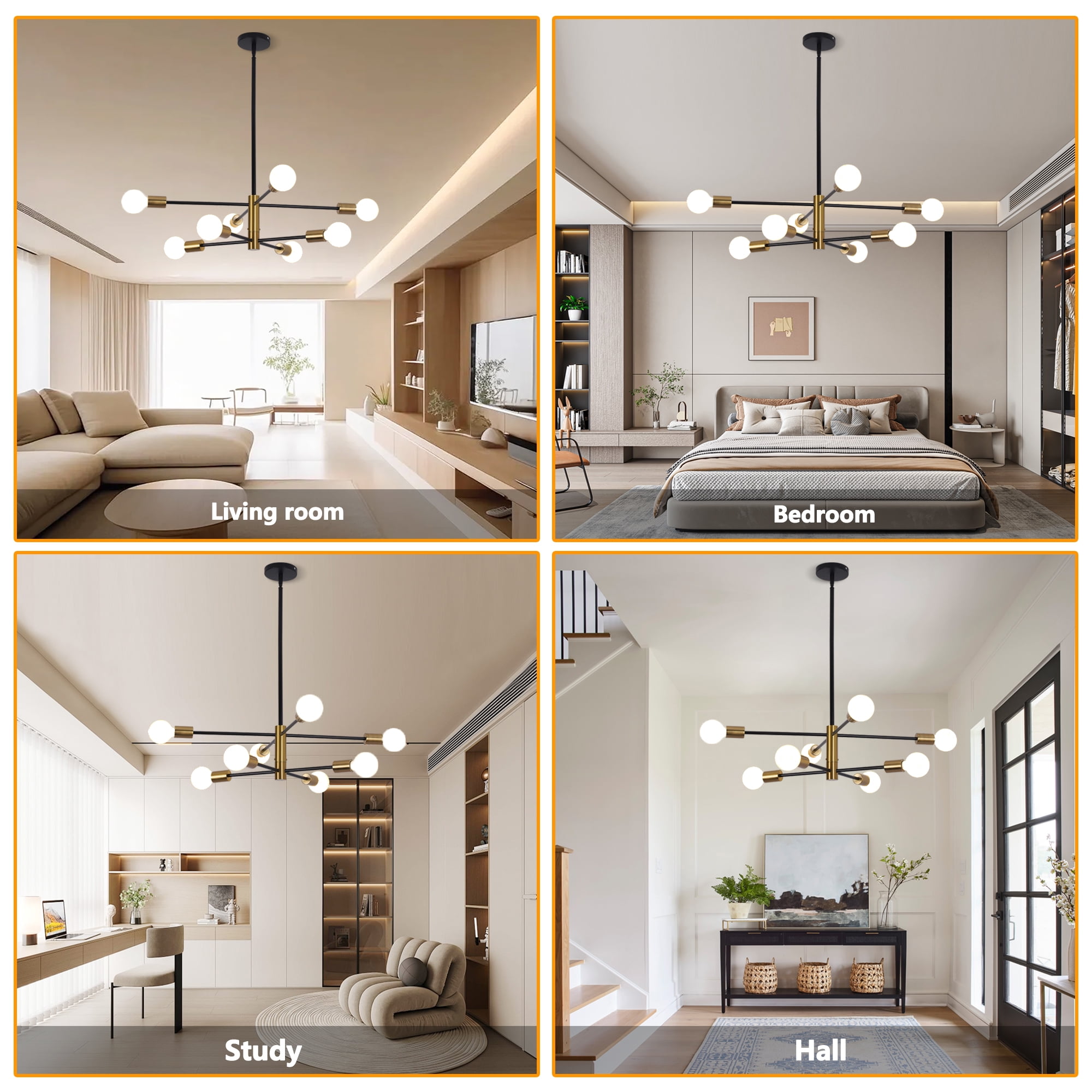 LISUNAR Chandelier,Sputnik ceiling light fixture,8 light modern chandelier,Black and Gold Mid Century Plating,Chandeliers for dining room,Height Adjustable for Living Room and Bedroom
