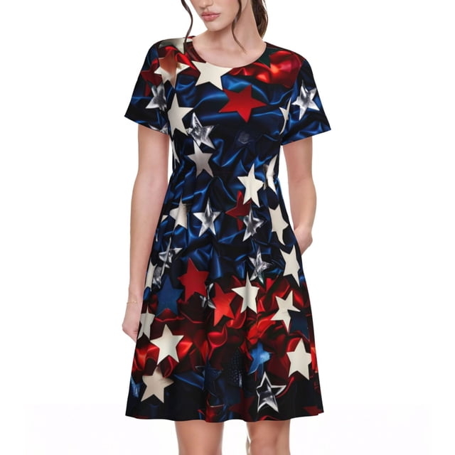 Fotbe Red Blue White Stars Vestido Largo de Moda para Mujer, Vestido Tipo Camiseta con Manga Corta y Estilo Casual a Rayas y Bloques de Color
