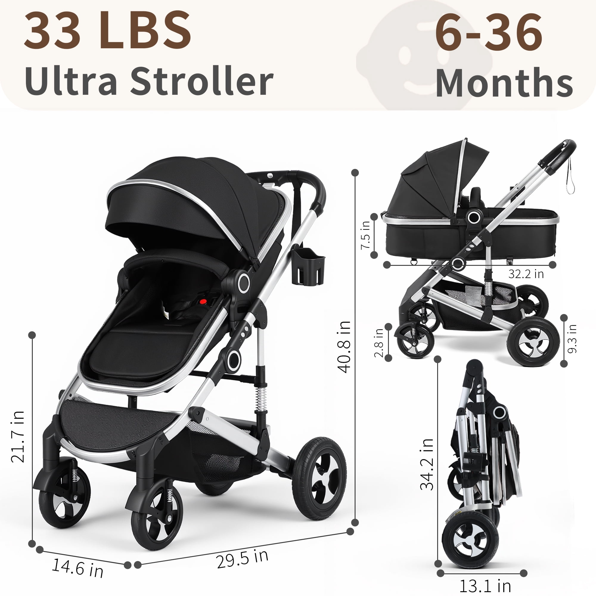 AILEEKISS 3-in-1 Convertible Baby Stroller with Big Seat and Adjustable Canopy, 24 Pounds, Black Silver