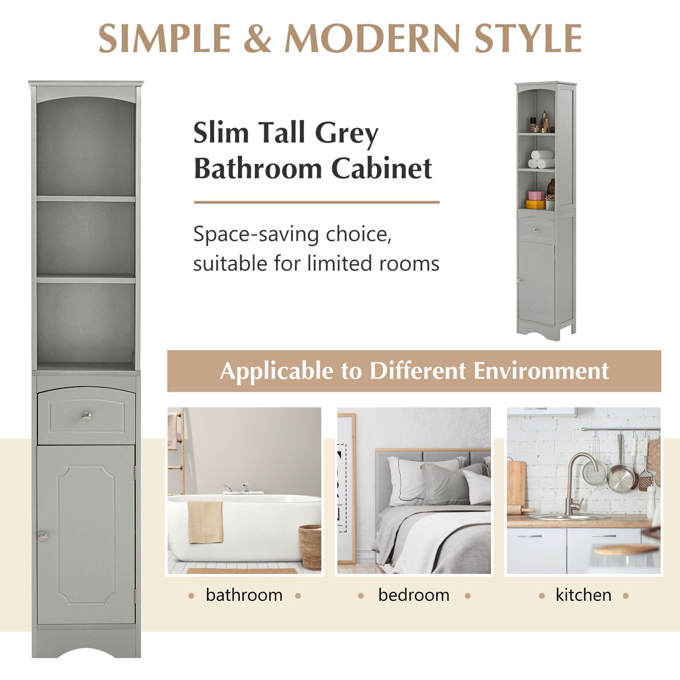 AENKYO Bathroom Cabinet with Adjustable Shelves, High Storage Cabinet with Open Spaces and Drawer, Gray