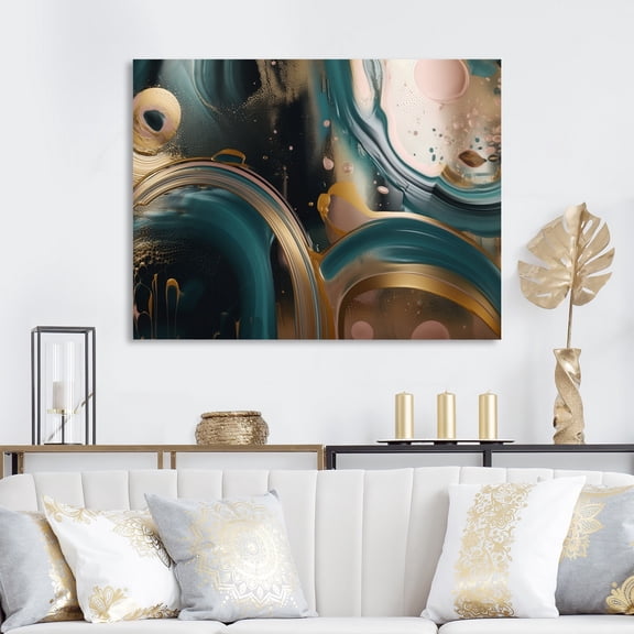 DESIGN ART Designart "Gold And Green Marbled Euphoria Iv" Abstract Marble Wall Art For Living Room 44 in. wide x 34 in. high