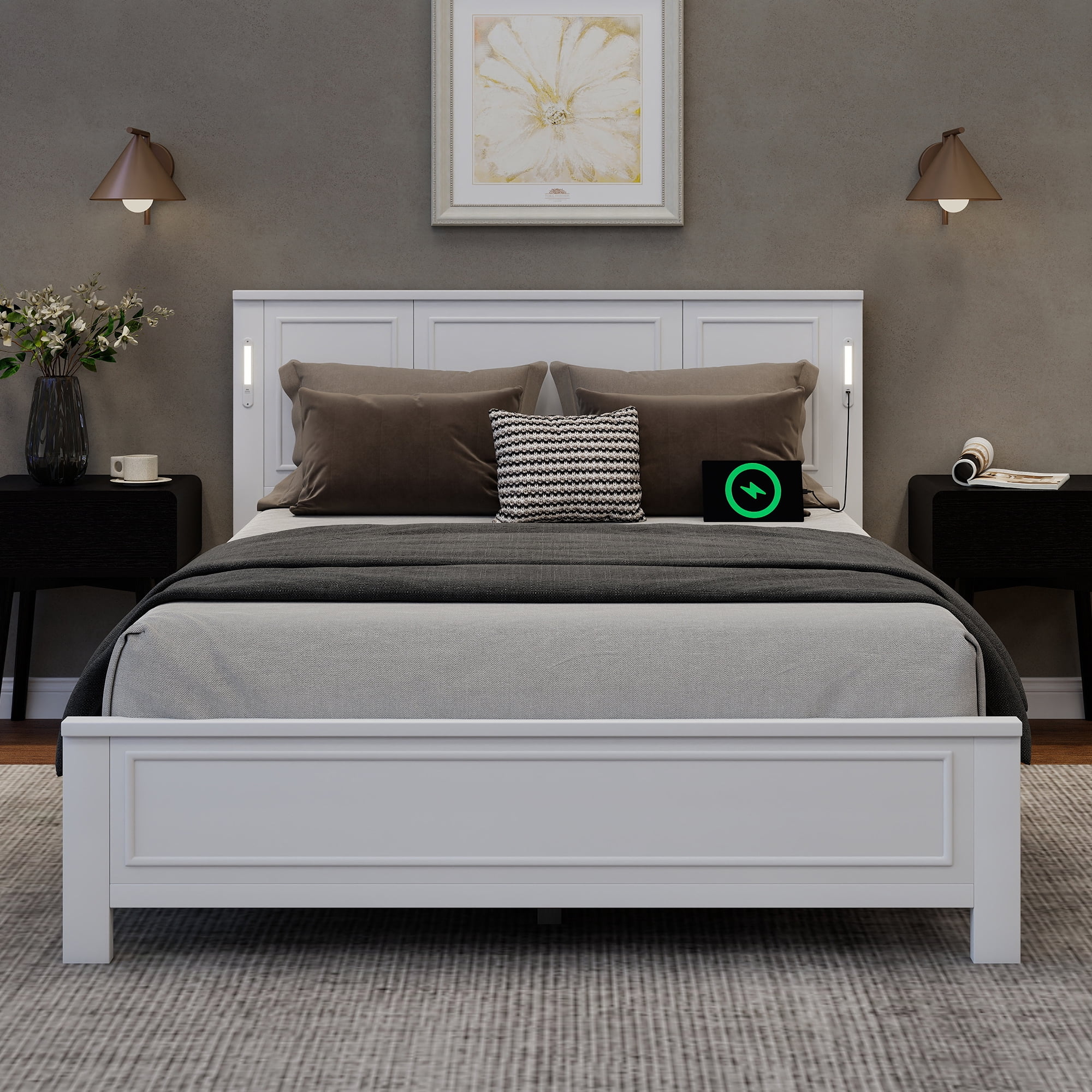 Mintazer Queen Size Bed Frame with LED Light & USB Charging Station, Modern Platform Bed with Under-Bed Storage & Tall-Panel Headboard, White