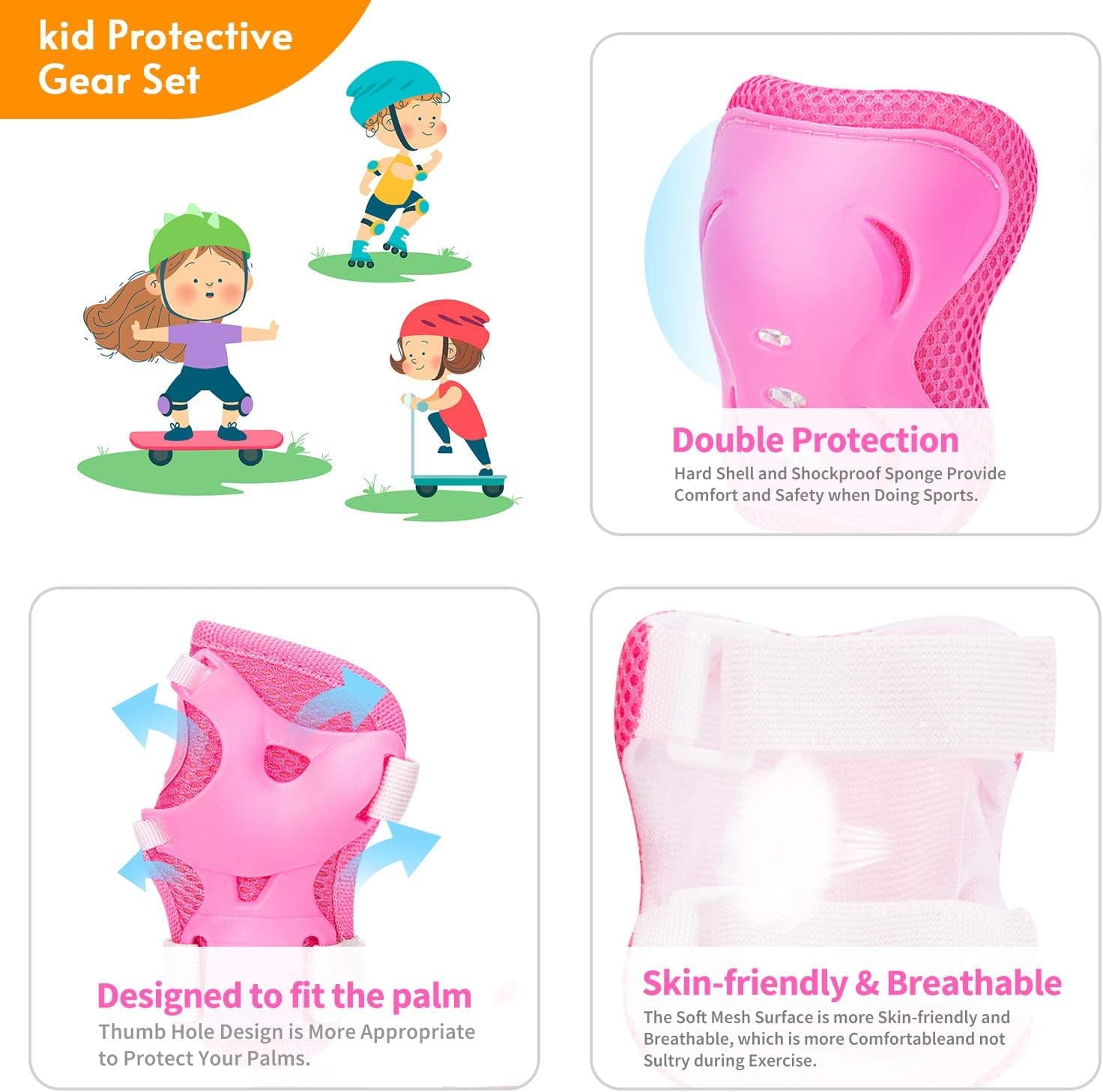 Jeexi 6 Pack Knee & Elbow Pads for Kids Youth Children Guards Protective Gear Pad Set for Roller Skates Cycling BMX Bike Skateboard Inline Skating's Scooter Riding Sports (Pink)