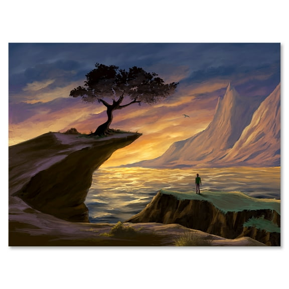 Tree On A Sea Cliff At Evening Light 32 in x 16 in Painting Canvas Art Print, by Designart