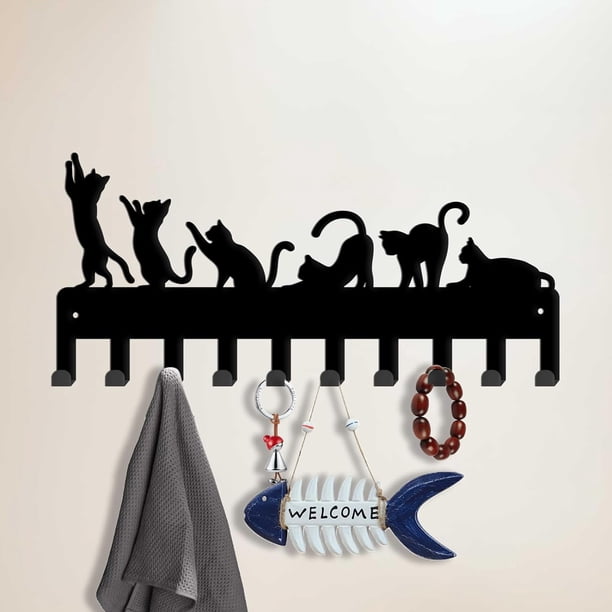 Llavero de pared con diseño de gato negro, 6 estilos, 10 ganchos, organizador de metal personalizado con diseño de animales de granja.