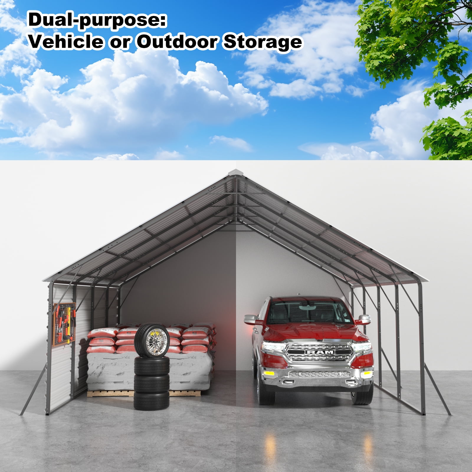 FLOUREE 20x20 FT Metal Carport Heavy Duty with Metal Sidewalls for All-Weather Use Enclosed Car Port with Vertical Steel Roof, Reinforced Base & Beams, 2 Car Garage Shelter for Car, Boats and Truck
