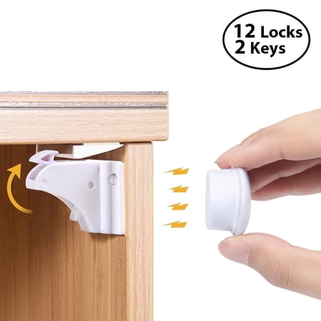 Magnetic Cabinet Locks Toodler Baby Proofing Safe Kitchen Cabinets Hook - No Draw No Drilling No Pinched Finger[12-Lock 2-Key]