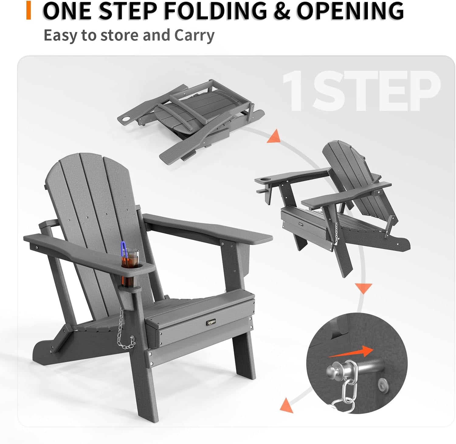 WBTER Plastic Adirondack Chairs, Folding with Cup Holder, Waterproof HDPE Material, Comfortable 380lb Weight Capacity for Outdoor Pool Patio Lounge Chair Lawn Furniture Firepit (Gray)