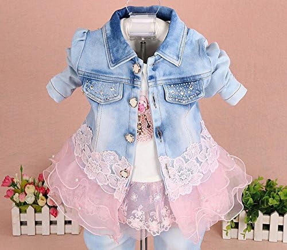Peacolate Baby Girls 3-Piece Denim Clothing Set - T-Shirt, Denim Jacket, and Jeans, Pink, 1-2 Years