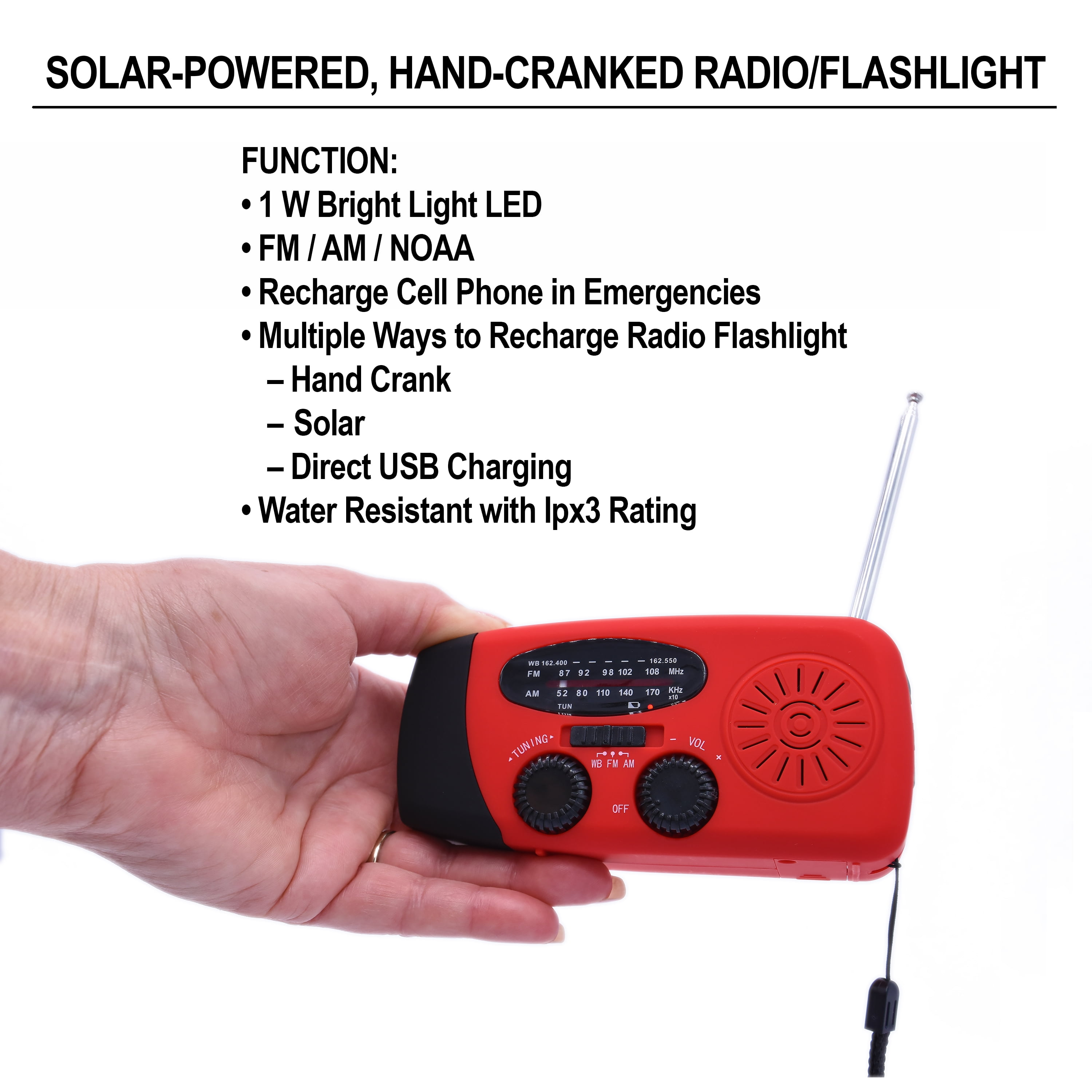 US Survival Solutions Hand Crank Radio - Flashlight for Emergency | Self Powered AM/FM | Portable Weather Radio with 2000mAh - Power Bank Cell Phone Charger, USB Rechargeable for Camping, Emergency