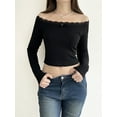 thumbnail image 3 of FEORJGP Women Off-Shoulder Pullovers Long Sleeve Shirt Lace Patchwork Blouses Slim Fit Crop Tops Casual Summer Fall Clothes for Club Streetwear Aesthetic, 3 of 9