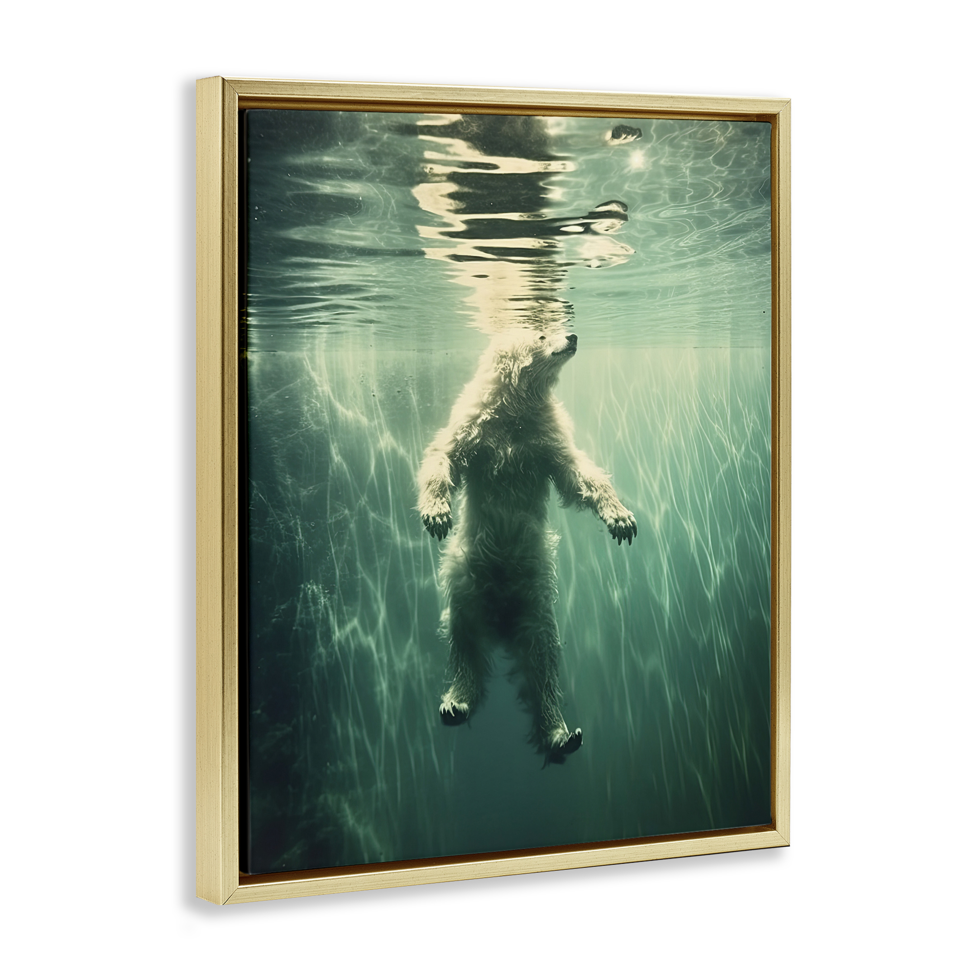 Floating Bear Underwater Gold Framed Floater Canvas Wall Art, design by Decent Exposures