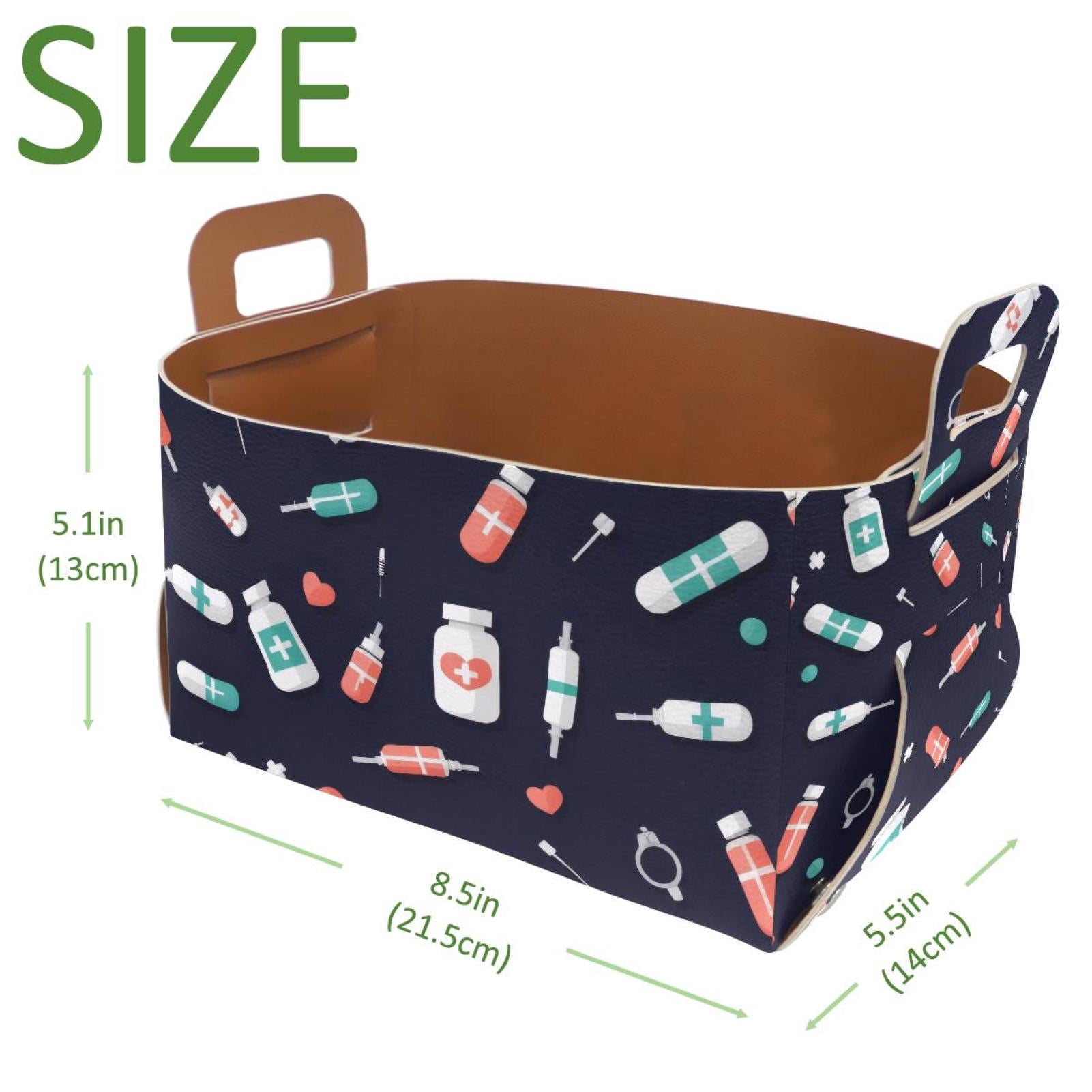 Medicine Picture Storage Basket Collapsible Storage Bin, PU Foldable Basket Convenient Box Storage Organizer with Handles for Shelves Office Bedroom Closet Nursery Toys Laundry
