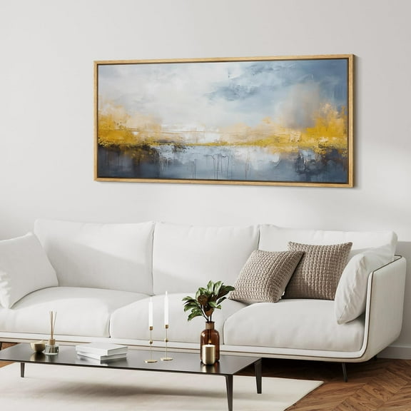 IDEA4WALL Extra Large Framed Canvas Print Wall Art Abstract Lakeside Gold and Blue Watercolor Fine Art Antique Wall Decorative Horizon Nature Wilderness Artwork Relax/Calm for Rooms - 60"x30"