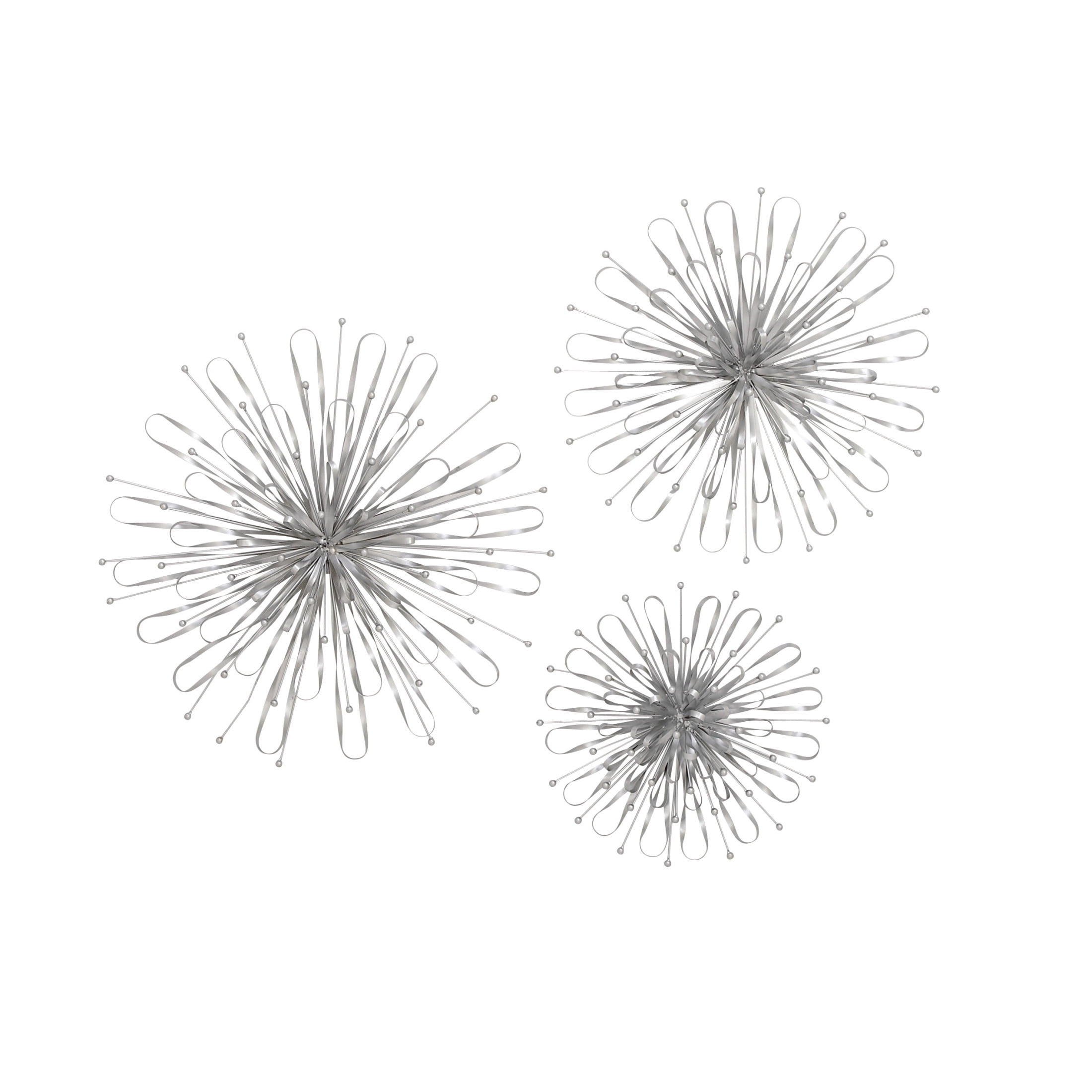 DecMode Silver Metal 3D Looped Floral Starburst Wall Decor with Orb Details (3 Count)