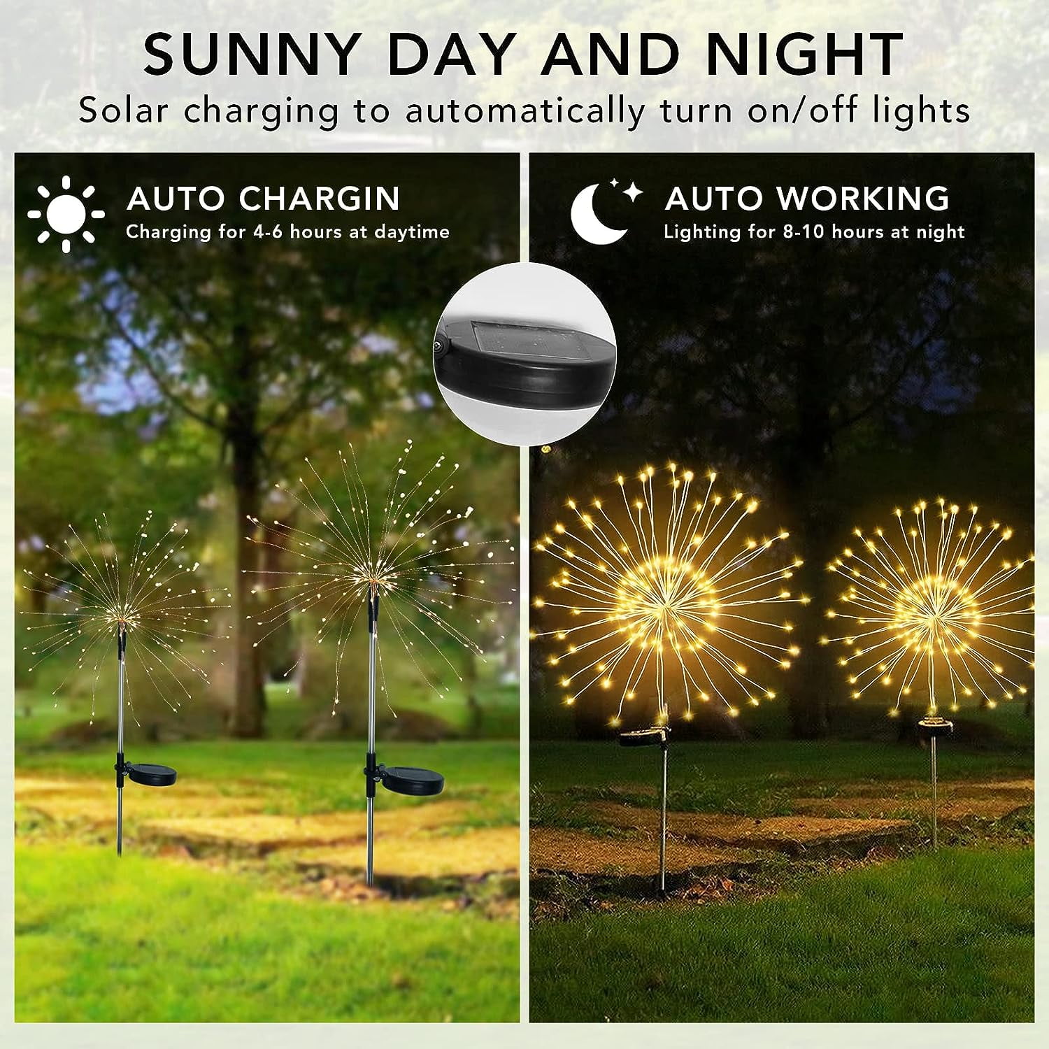 Solar Garden Lights, 4 Pack LED Solar Firework Lights, Dingrich Solar Lights Outdoor with 8 Lighting Modes Firework Lights for Outdoor Patio Walkway Lawn Backyard Party Decoration - Warm White