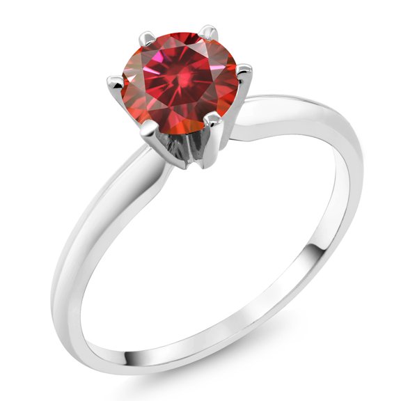 Gem Stone King 18K White Gold Red Moissanite Solitaire Engagement Ring for Women (1.00 Cttw, Gemstone Birthstone, Round 6.5MM, Size 7)