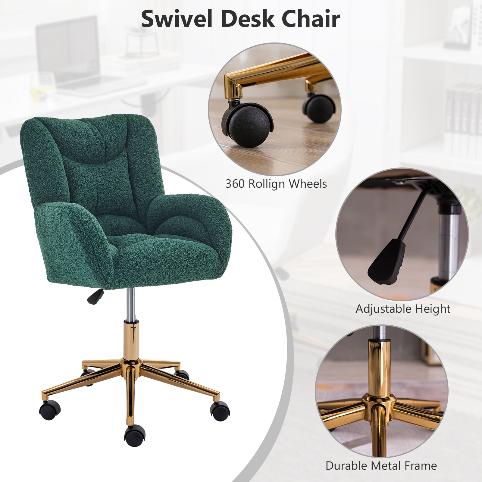 Desk Chair with Wheels and Arms Velvet Comfortable Desk Chair for Home Office Height Adjustable Vanity Chair Modern Task Chair Computer Desk Chair Green
