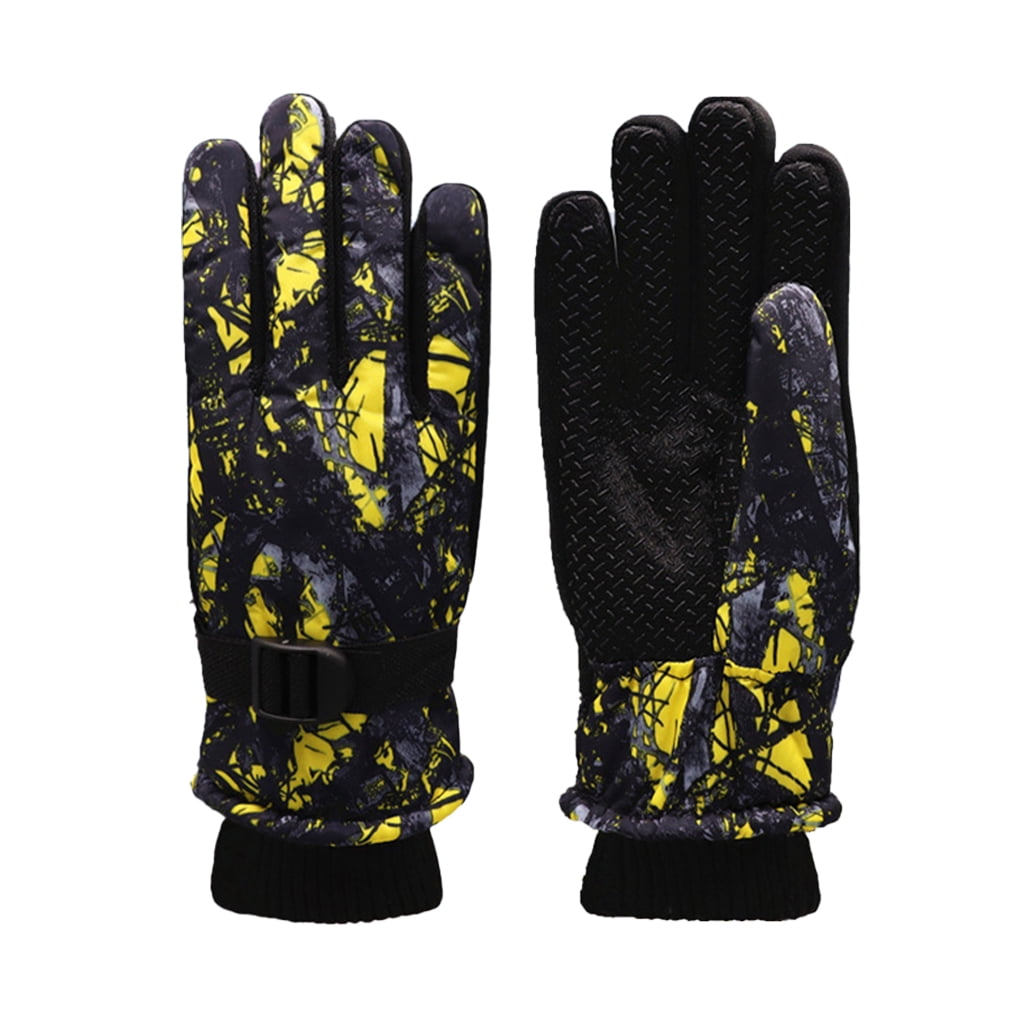 Thinsont Kids Gloves Mittens Unisex Fashion Cold Print Thick Fleece Mitten Adjustable Girls Boys Glove for Outdoor Skiing Yellow