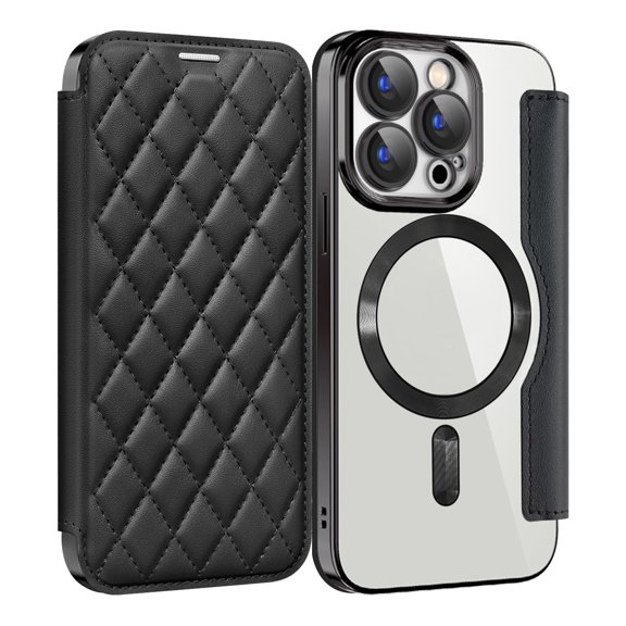 Flip Case for iPhone 15/15 Plus/15 Pro/15 Pro Max, Soft Leather Clear Back Case, Support Wireless Charging Shockproof Cover