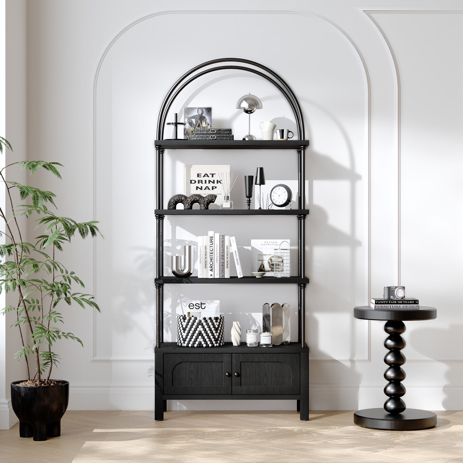 Furnibear Arched Bookshelf with Door 72 Inches Tall 5 Tier Storage Shelf with Cabinet,Modern Open Bookcase for Living Room or Home Office,Black