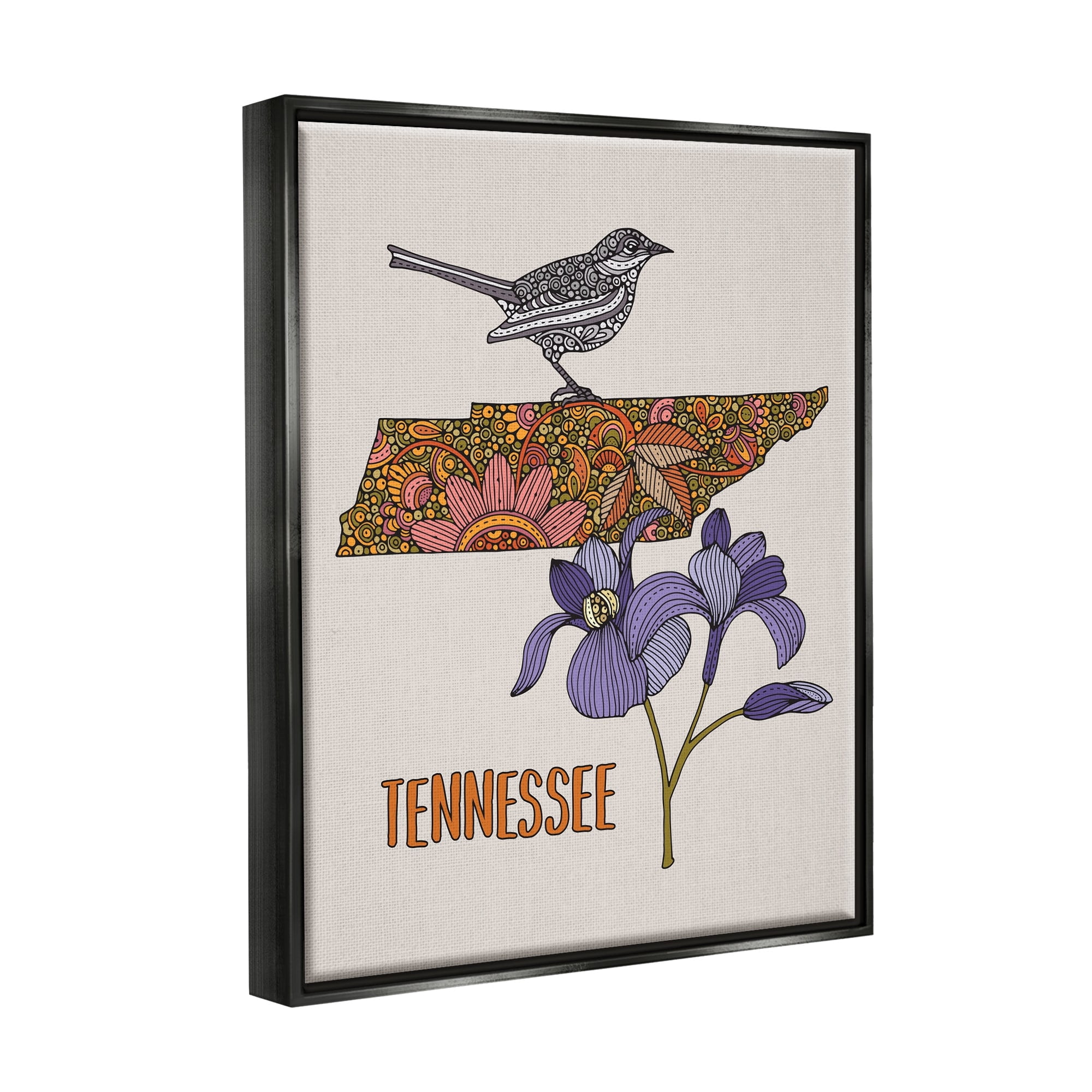 Stupell Industries Intricate Tennessee State Iris Floral Pattern Bird Graphic Art Metallic Gold Floating Framed Canvas Print Wall Art, Design by Valentina Harper