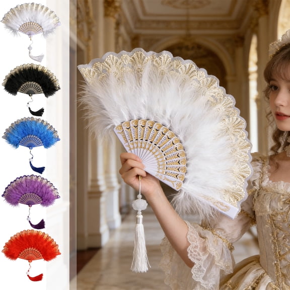 Yhmxh Vintage Feather Handheld Fan, 16.54" Folding Lace Fan with Tassel, Vintage Retro Fans, Elegant Fluffy Feather Fan for Wedding, Party, Photo Shoot, Multiple Colors Available