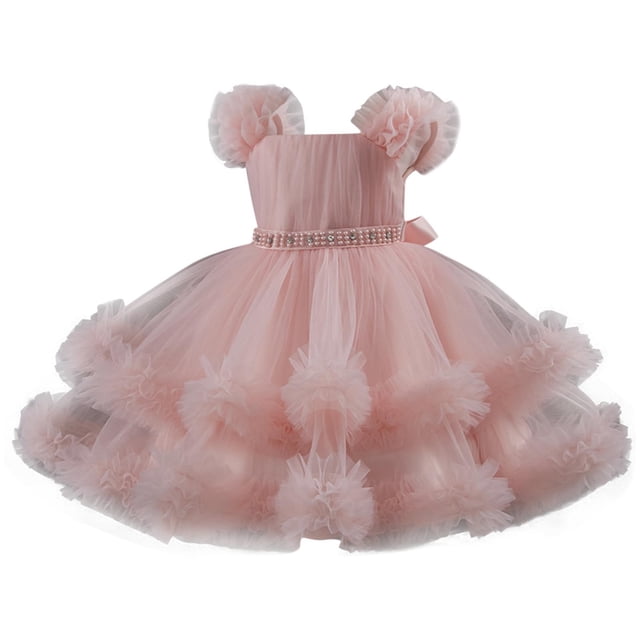 Birthday Party Dress for Girls, Short Sleeve Round Neck Ruffled Lace Embroidery Mesh Princess Bow Skirt in Light Blue, Size 90