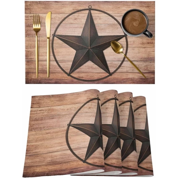 Placemats Set of 6, Western Star Retro Washable Wipeable Table Mats for Dining Tables, Country Farmhouse Brown Wooden Grain Indoor Outdoor Waterproof Kitchen Place Mats for Holiday Table Decor