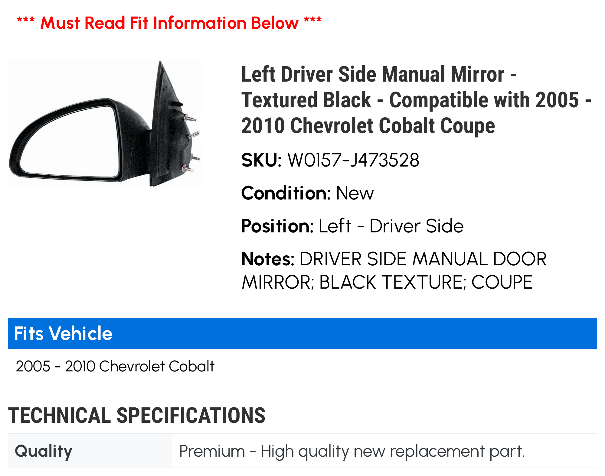 Left Driver Side Manual Mirror - Textured Black - Compatible with 2005 - 2010 Chevy Cobalt Coupe 2006 2007 2008 2009