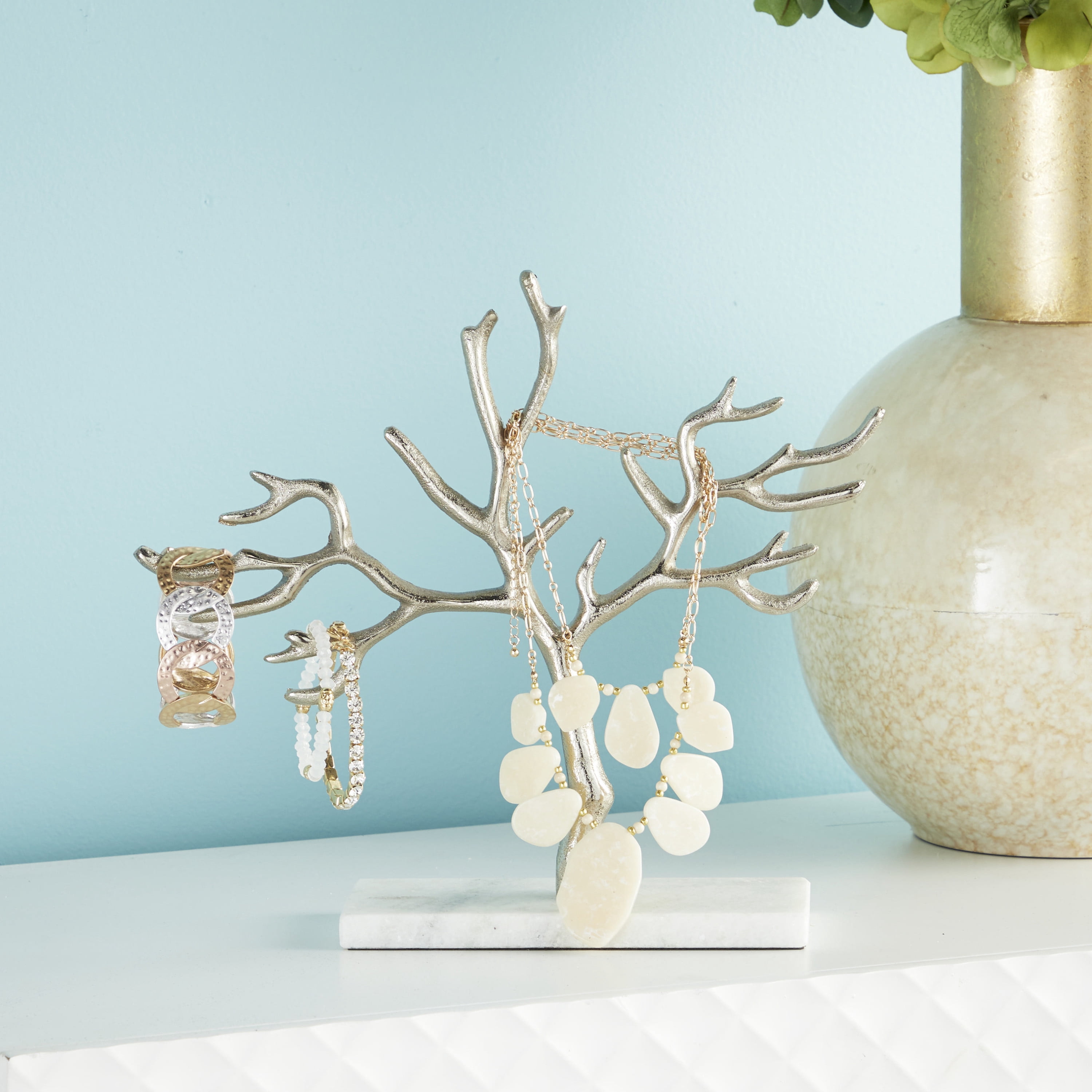 CosmoLiving by Cosmopolitan 12" x 10" Silver Marble Tree Jewelry Stand with Rectangular Base, 1-Piece