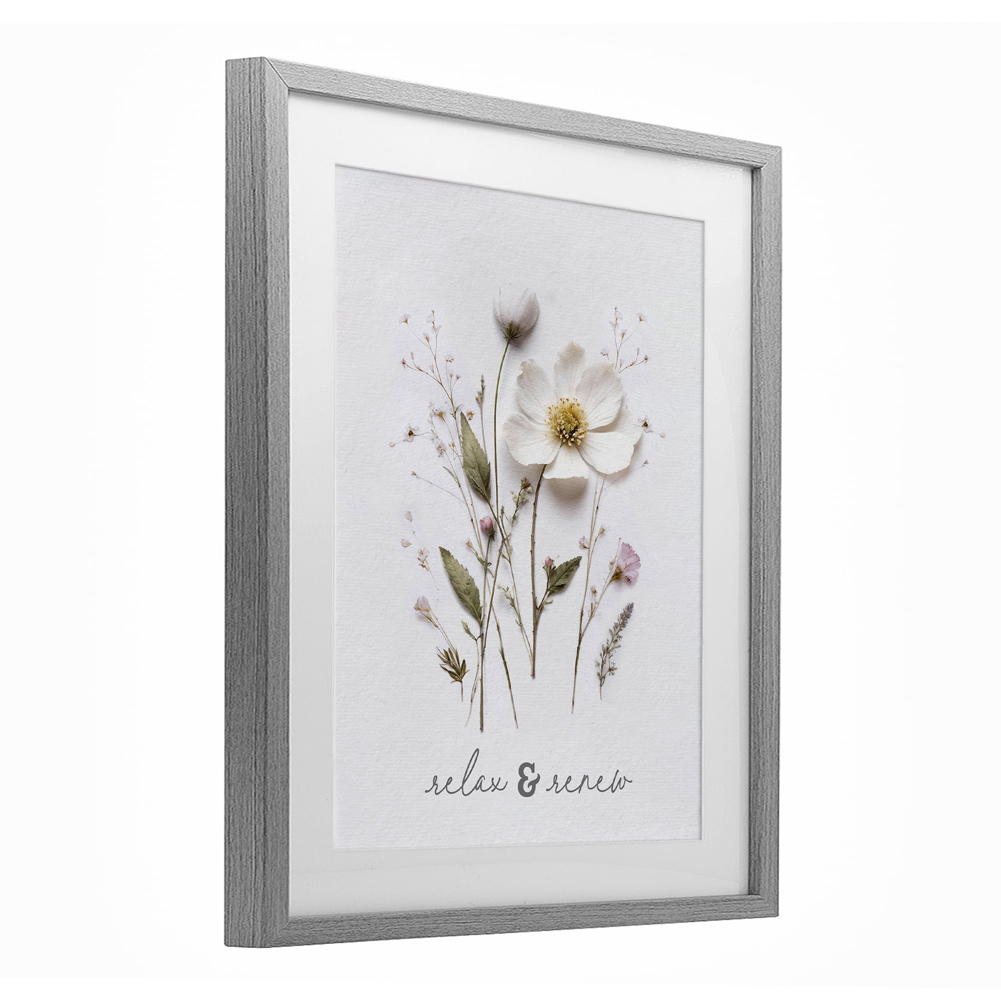 Pressed Flower Relax & Renew Gray Framed Print Under Glass, design by Lettered and Lined