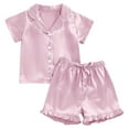 thumbnail image 4 of WUANDIXFA Toddler Kids Girl Silk Pajamas 1-13 Years Baby Ruffled Sleeve Button Down Satin Silk Pjs Sleepwear Loungwear Shorts Set,Pink,12-13 Years, 4 of 4
